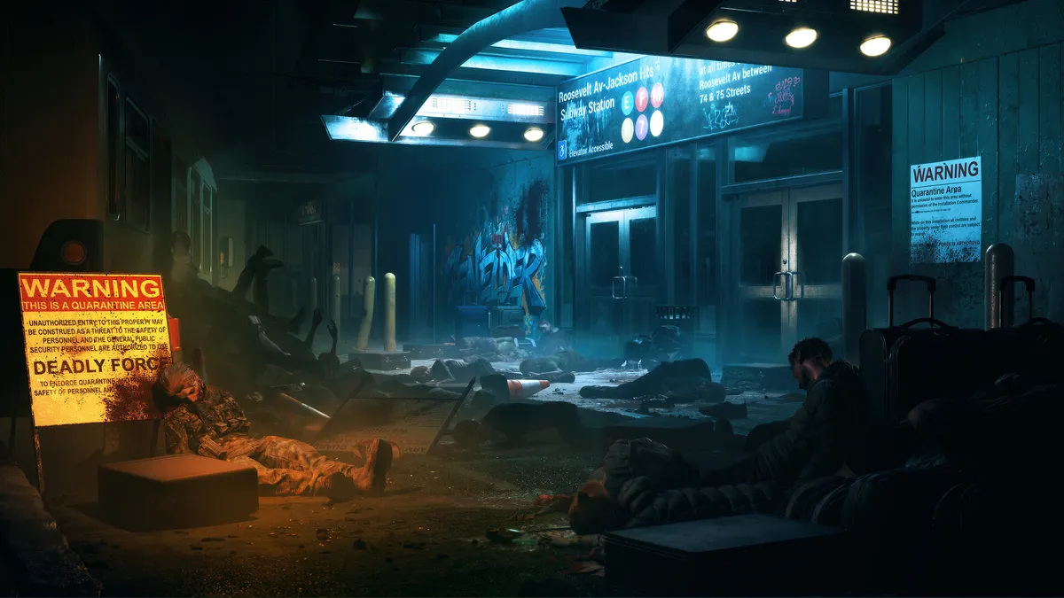 Blue-lit quarantine terminal interior with responders sheltering among debris